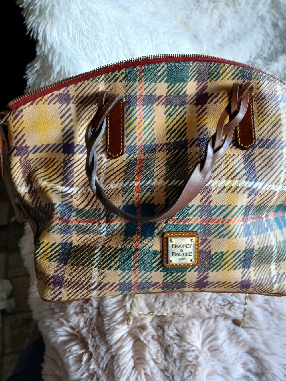 Dooney & Bourke Multicolor Plaid Dome Satchel - Tan, Green, Purple, Red